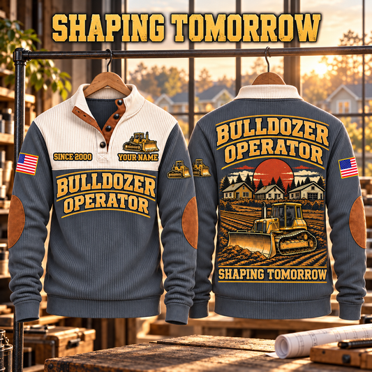 Bulldozer Operator Shaping Tomorrow Sports Sweatshirt in Grey, source-faithful front and back garment artwork in a polished sunlit hanging pair composition, original sample name and year retained.
