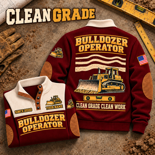 Bulldozer Operator Clean Grade Sports Sweatshirt in Jujube Red, source-faithful front and back garment artwork in a polished stone flatlay back and folded front composition, original sample name and year retained.