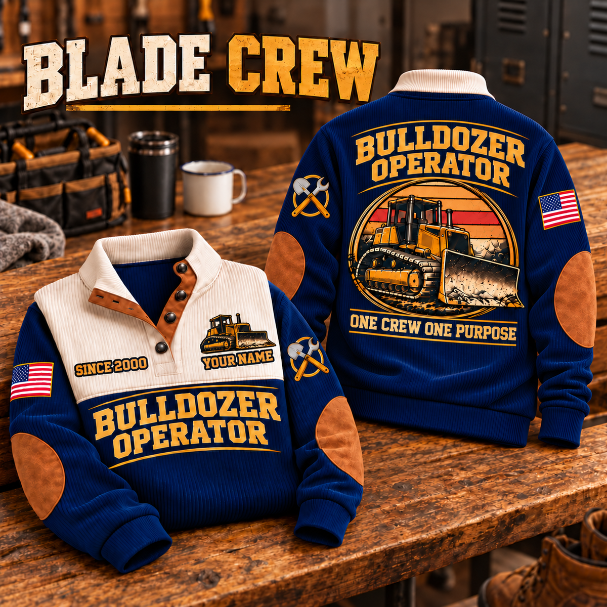 Bulldozer Operator Blade Crew Sports Sweatshirt in Navy, source-faithful garment artwork in a polished workshop bench folded pair composition, original sample name and year retained.