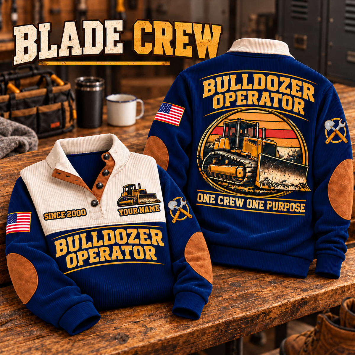 Bulldozer Operator Blade Crew Sports Sweatshirt in Navy, source-faithful front and back garment artwork in a polished workshop bench folded pair composition, original sample name and year retained.
