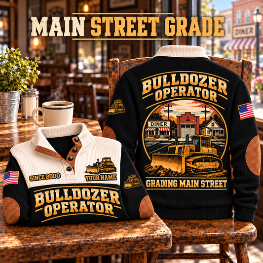 Bulldozer Operator Main Street Grade Sports Sweatshirt in Black, source-faithful front and back garment artwork in a polished cafe chair back and folded front composition, original sample name and year retained.