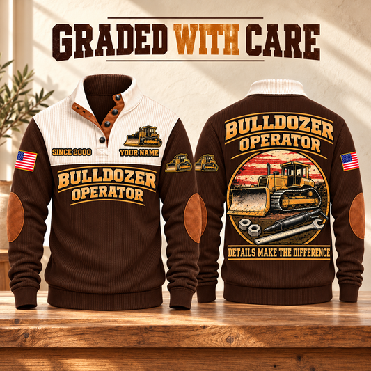 Bulldozer Operator Graded With Care Sports Sweatshirt in Brown, source-faithful front and back garment artwork in a polished studio front and back composition, original sample name and year retained.