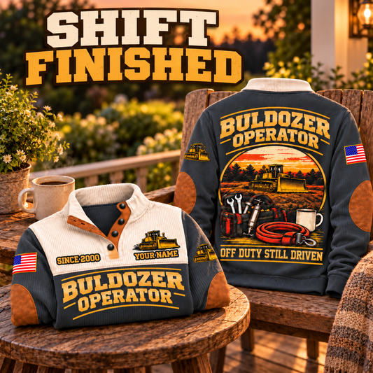Bulldozer Operator Shift Finished Sports Sweatshirt in Grey, source-faithful front and back garment artwork in a polished porch chair back and folded front composition, original sample name and year retained.