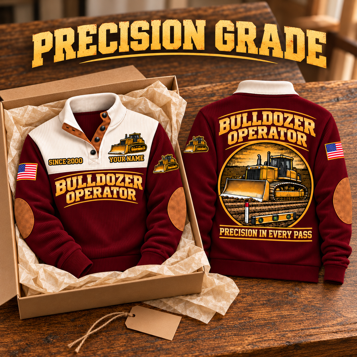 Bulldozer Operator Precision Grade Sports Sweatshirt in Jujube Red, source-faithful garment artwork in a polished gift box front and back composition, original sample name and year retained.