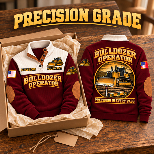 Bulldozer Operator Precision Grade Sports Sweatshirt in Jujube Red, source-faithful garment artwork in a polished gift box front and back composition, original sample name and year retained.