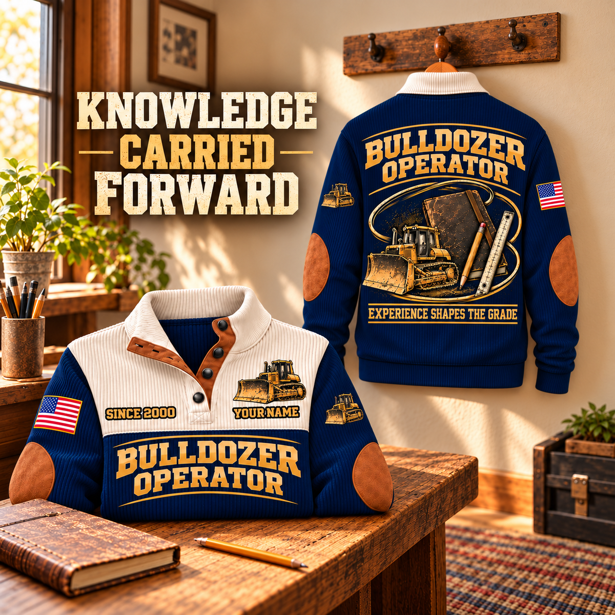 Bulldozer Operator Knowledge Carried Forward Sports Sweatshirt in Navy, source-faithful garment artwork in a polished hook back and folded front composition, original sample name and year retained.