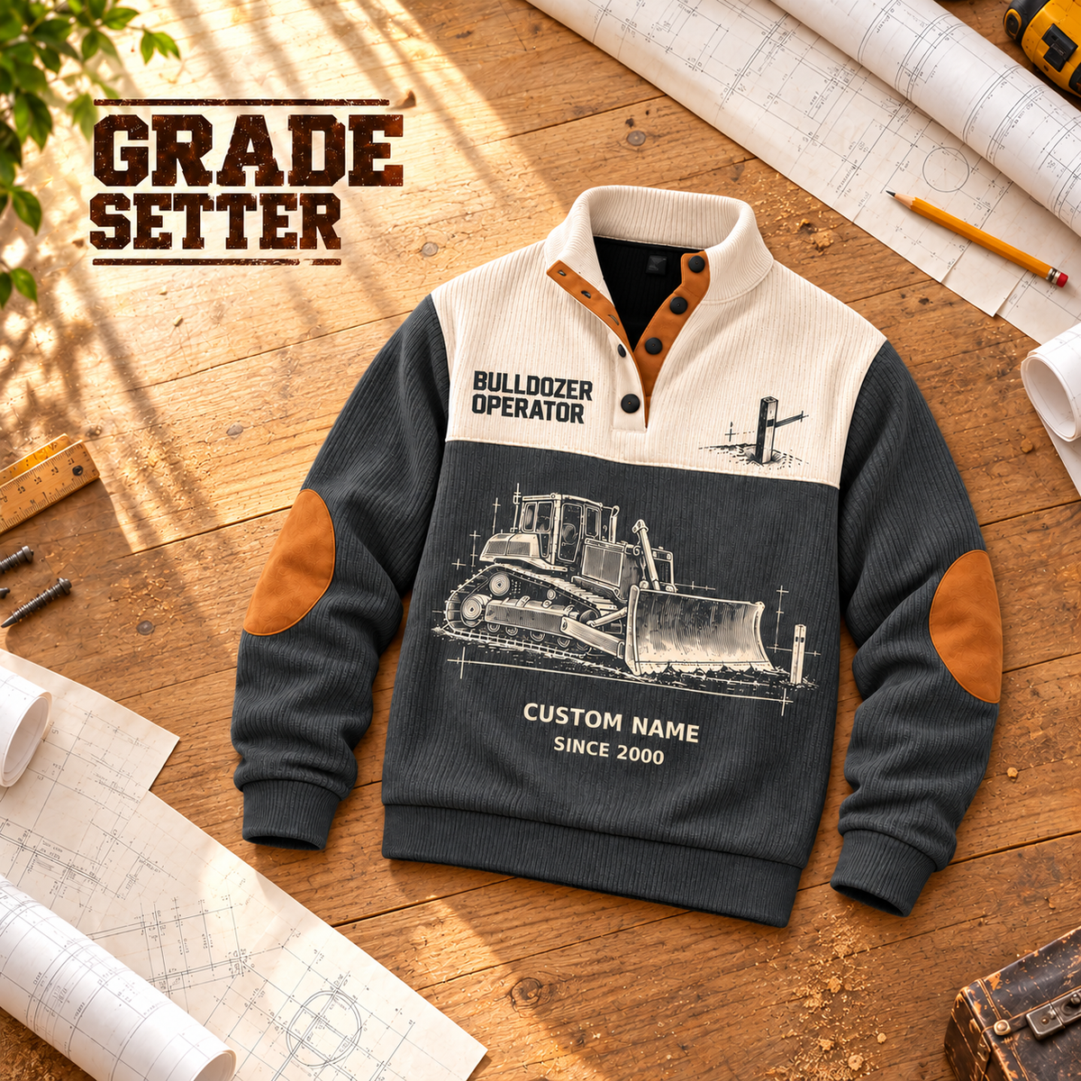 Bulldozer Operator Grade Setter Sports Sweatshirt in Grey, source-faithful garment artwork in a polished plan flatlay back and folded front composition, original sample name and year retained.