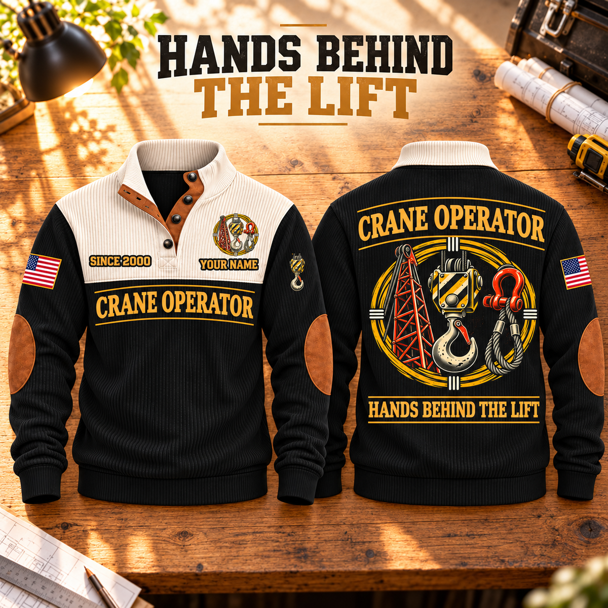 Crane Operator Hands Behind the Lift Sports Sweatshirt in Black, source-faithful garment artwork in a polished workbench pair composition, original sample name and year retained.