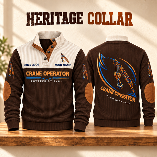 Crane Operator Heritage Collar Sports Sweatshirt in Brown, source-faithful garment artwork in a polished studio pair composition, original sample name and year retained.