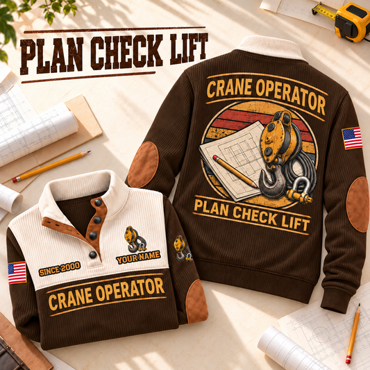 Crane Operator Plan Check Lift Sports Sweatshirt in Brown, source-faithful garment artwork in a polished plan flatlay back and folded front composition, original sample name and year retained.