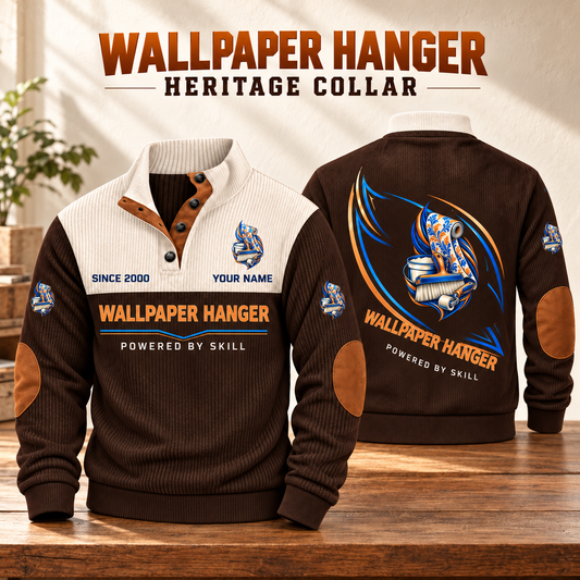 Wallpaper Hanger Heritage Collar Sports Sweatshirt in Brown, source-faithful garment artwork in a polished studio pair composition, original sample name and year retained.