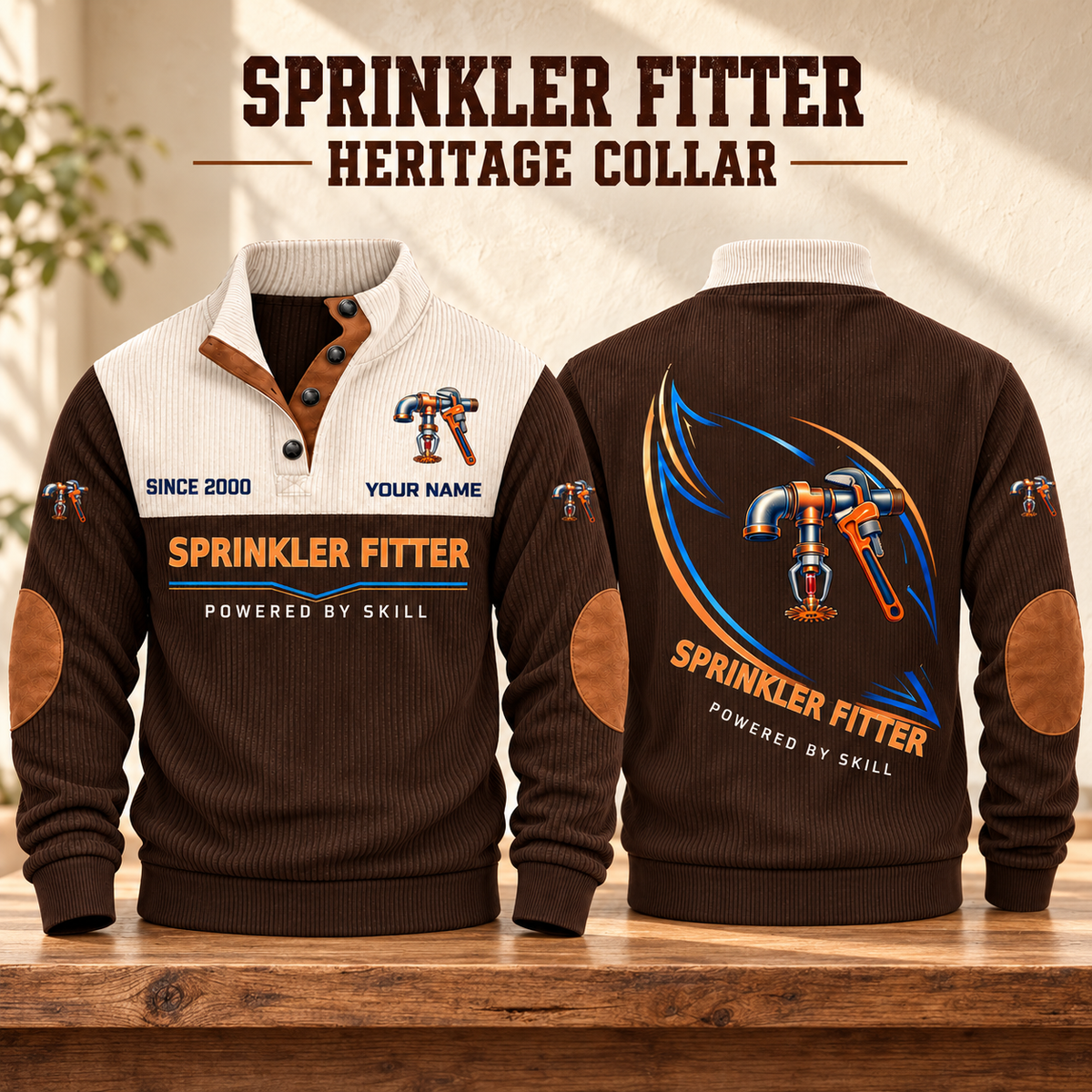Sprinkler Fitter Heritage Collar Sports Sweatshirt in Brown, source-faithful front and back garment artwork in a polished studio pair composition, original sample name and year retained.