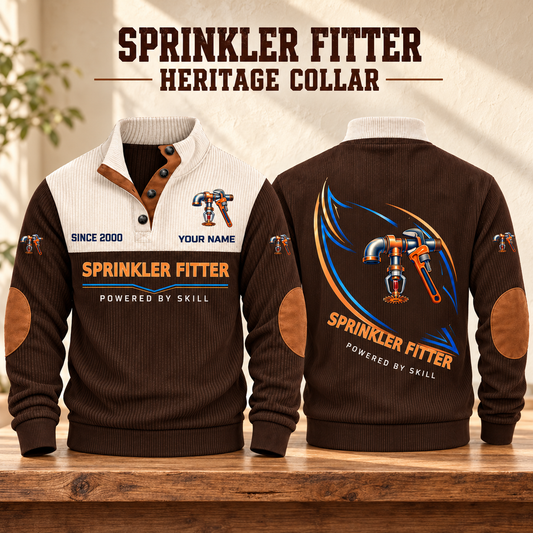 Sprinkler Fitter Heritage Collar Sports Sweatshirt in Brown, source-faithful front and back garment artwork in a polished studio pair composition, original sample name and year retained.