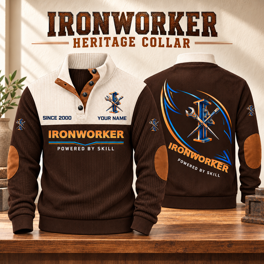 Ironworker Heritage Collar Sports Sweatshirt in Brown, source-faithful garment artwork in a polished studio pair composition, original sample name and year retained.