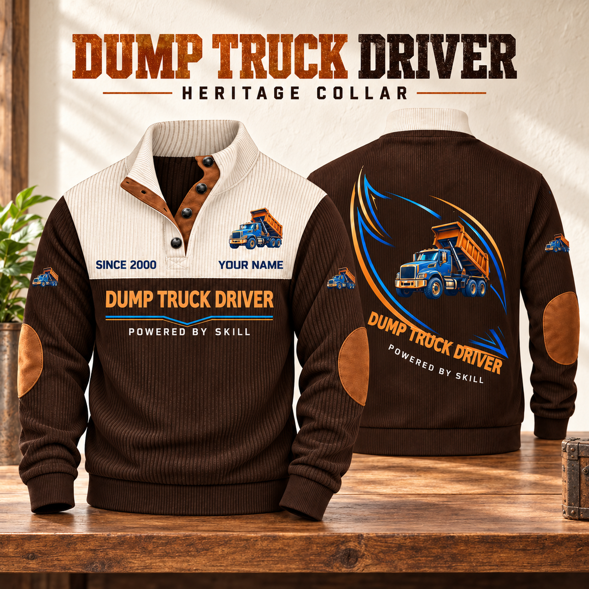 Dump Truck Driver Heritage Collar Sports Sweatshirt in Brown, source-faithful garment artwork in a polished studio pair composition, original sample name and year retained.