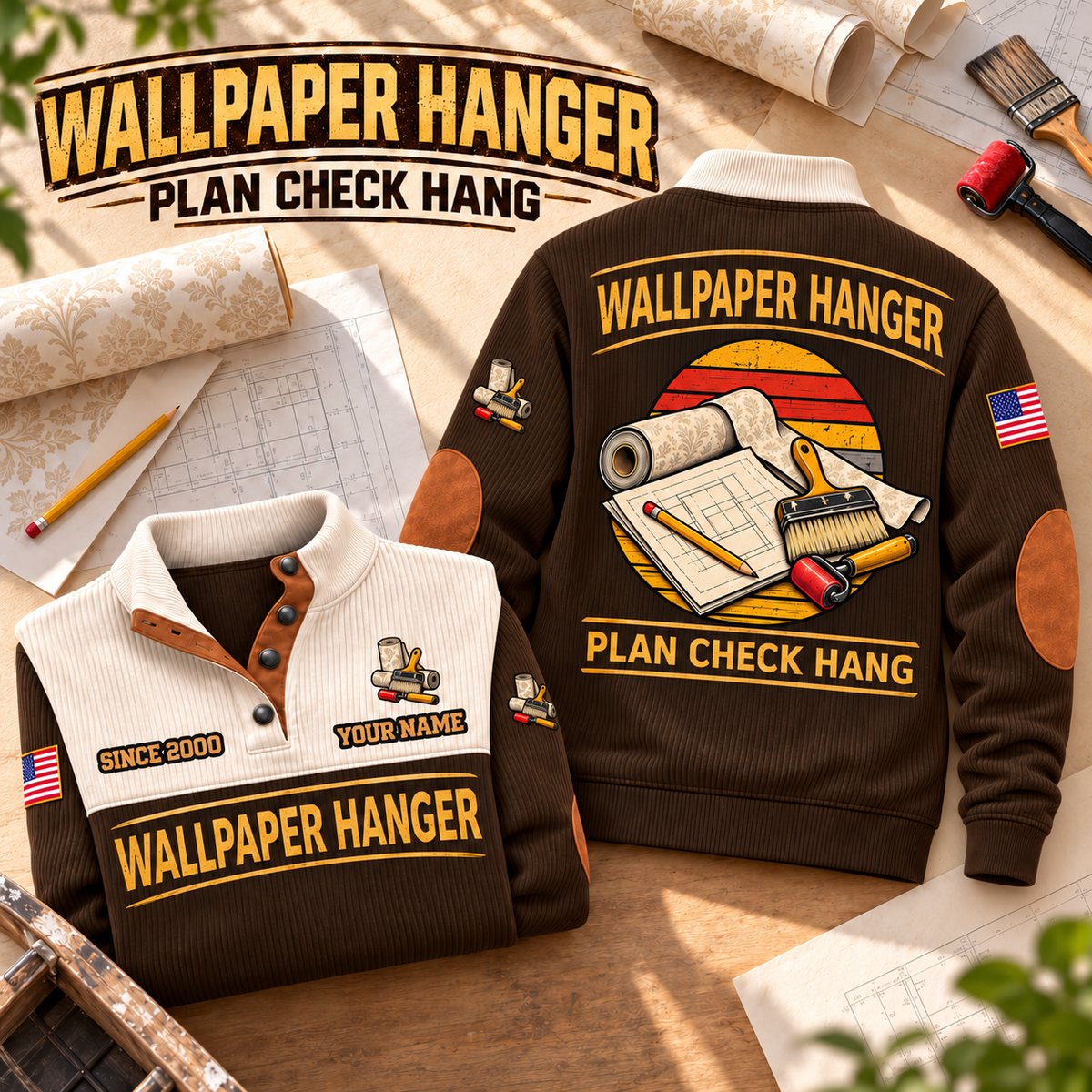 Wallpaper Hanger Plan Check Hang Sports Sweatshirt in Brown, source-faithful garment artwork in a polished plan flatlay back and folded front composition, original sample name and year retained.