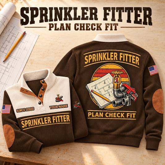 Sprinkler Fitter Plan Check Fit Sports Sweatshirt in Brown, source-faithful front and back garment artwork in a polished plan flatlay back and folded front composition, original sample name and year retained.