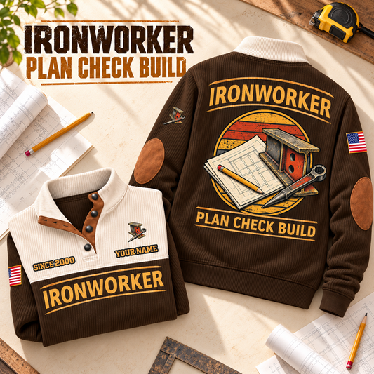 Ironworker Plan Check Build Sports Sweatshirt in Brown, source-faithful garment artwork in a polished plan flatlay back and folded front composition, original sample name and year retained.