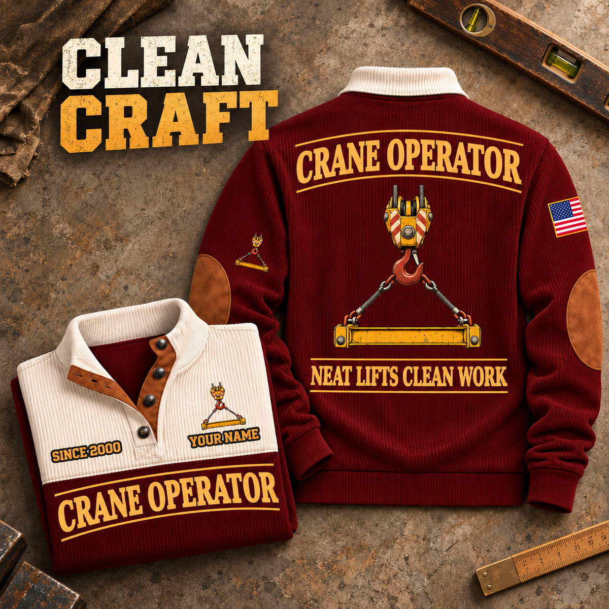 Crane Operator Clean Craft Sports Sweatshirt in Jujube Red, source-faithful garment artwork in a polished stone flatlay back and folded front composition, original sample name and year retained.
