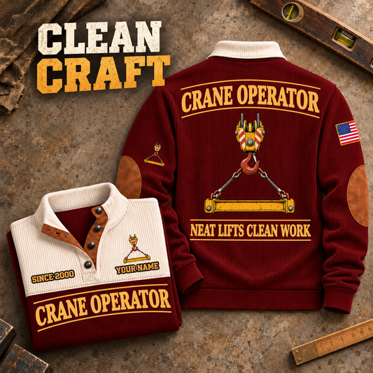Crane Operator Clean Craft Sports Sweatshirt in Jujube Red, source-faithful garment artwork in a polished stone flatlay back and folded front composition, original sample name and year retained.