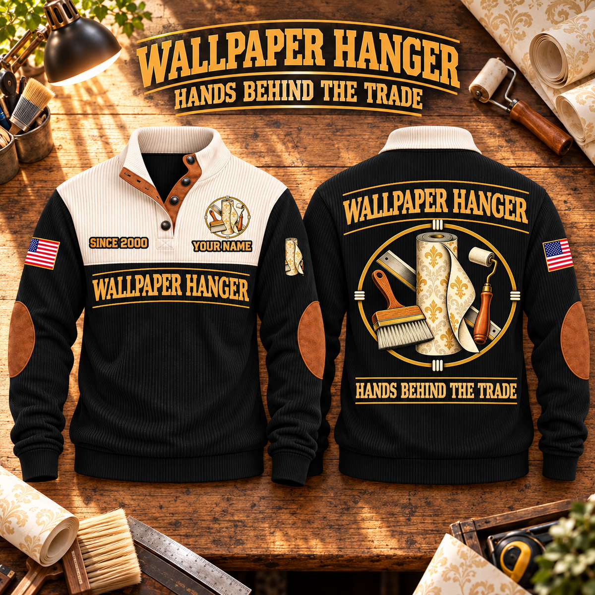 Wallpaper Hanger Hands Behind the Trade Sports Sweatshirt in Black, source-faithful garment artwork in a polished workbench pair composition, original sample name and year retained.