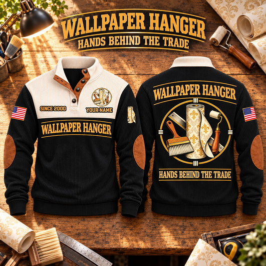 Wallpaper Hanger Hands Behind the Trade Sports Sweatshirt in Black, source-faithful garment artwork in a polished workbench pair composition, original sample name and year retained.