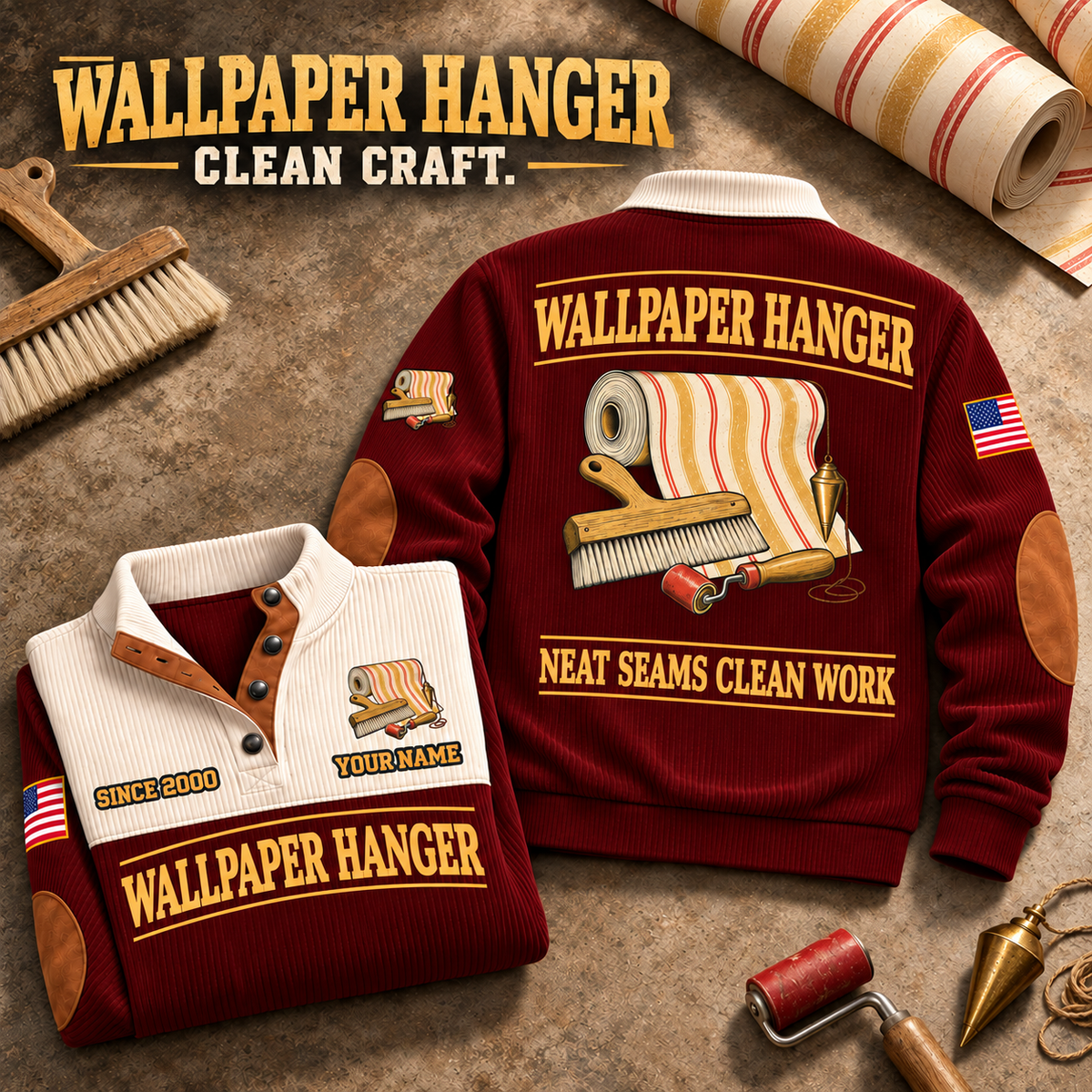 Wallpaper Hanger Clean Craft Sports Sweatshirt in Jujube Red, source-faithful garment artwork in a polished stone flatlay back and folded front composition, original sample name and year retained.