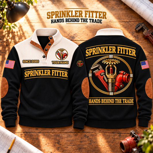 Sprinkler Fitter Hands Behind the Trade Sports Sweatshirt in Black, source-faithful front and back garment artwork in a polished workbench pair composition, original sample name and year retained.