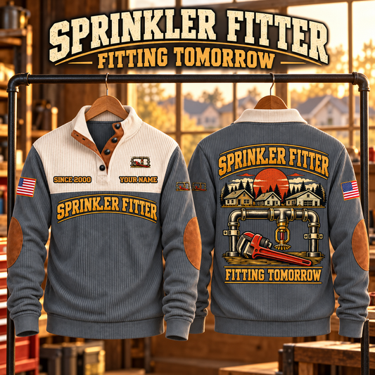 Sprinkler Fitter Fitting Tomorrow Sports Sweatshirt in Grey, source-faithful front and back garment artwork in a polished sunlit hanging pair composition, original sample name and year retained.