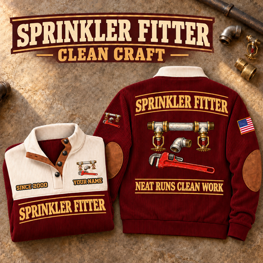 Sprinkler Fitter Clean Craft Sports Sweatshirt in Jujube Red, source-faithful front and back garment artwork in a polished stone flatlay back and folded front composition, original sample name and year retained.