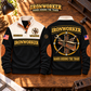 Ironworker Hands Behind the Trade Sports Sweatshirt in Black, source-faithful garment artwork in a polished workbench pair composition, original sample name and year retained.