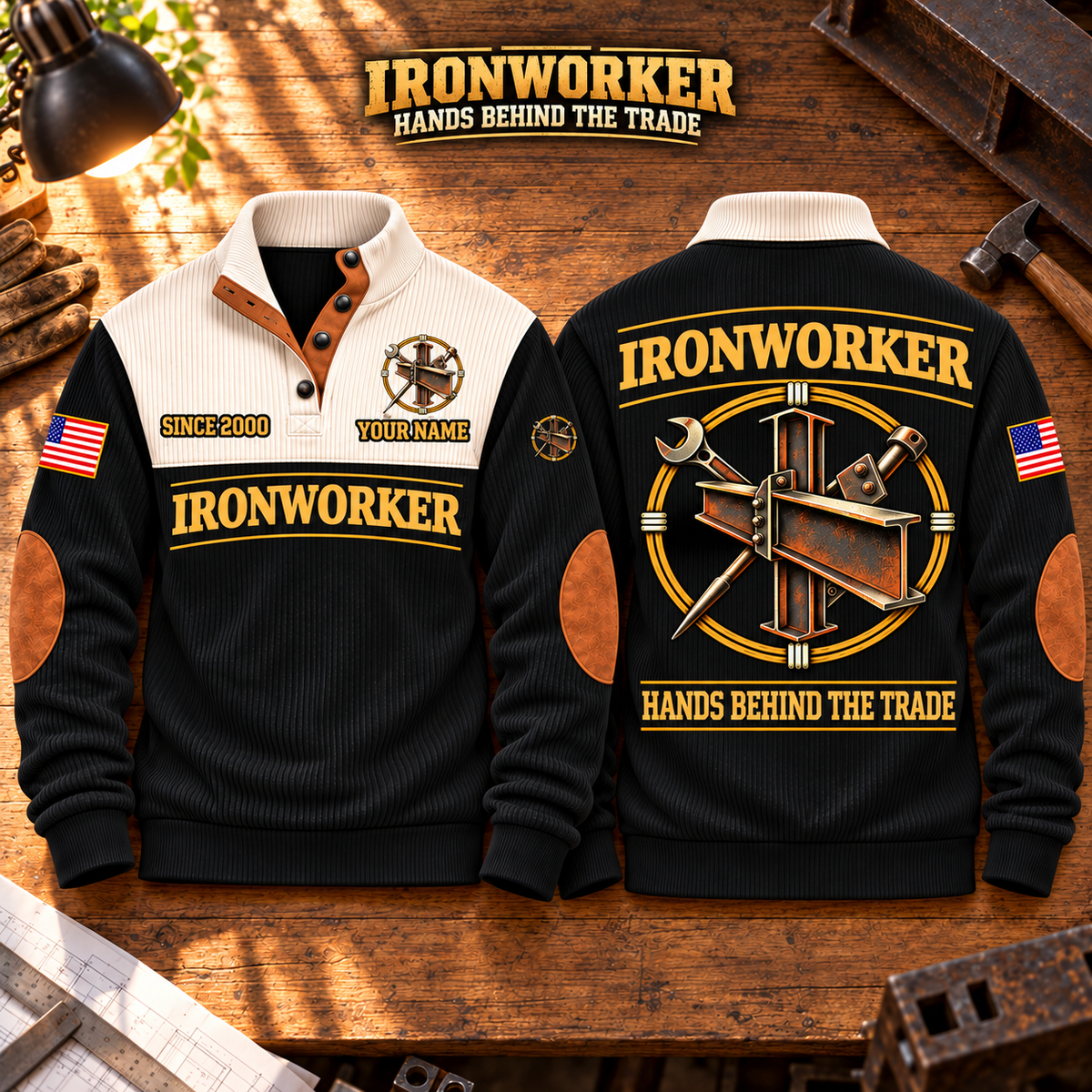 Ironworker Hands Behind the Trade Sports Sweatshirt in Black, source-faithful garment artwork in a polished workbench pair composition, original sample name and year retained.