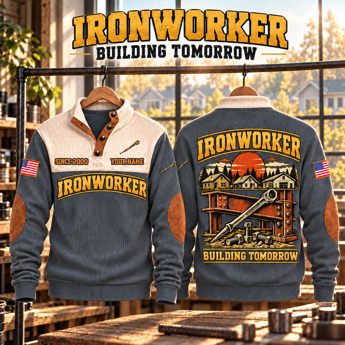 Ironworker Building Tomorrow Sports Sweatshirt in Grey, source-faithful garment artwork in a polished sunlit hanging pair composition, original sample name and year retained.