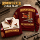 Ironworker Clean Craft Sports Sweatshirt in Jujube Red, source-faithful garment artwork in a polished stone flatlay back and folded front composition, original sample name and year retained.