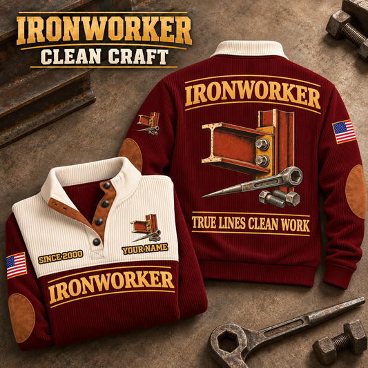 Ironworker Clean Craft Sports Sweatshirt in Jujube Red, source-faithful garment artwork in a polished stone flatlay back and folded front composition, original sample name and year retained.