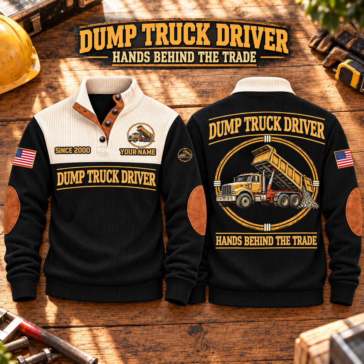 Dump Truck Driver Hands Behind the Trade Sports Sweatshirt in Black, source-faithful garment artwork in a polished workbench pair composition, original sample name and year retained.