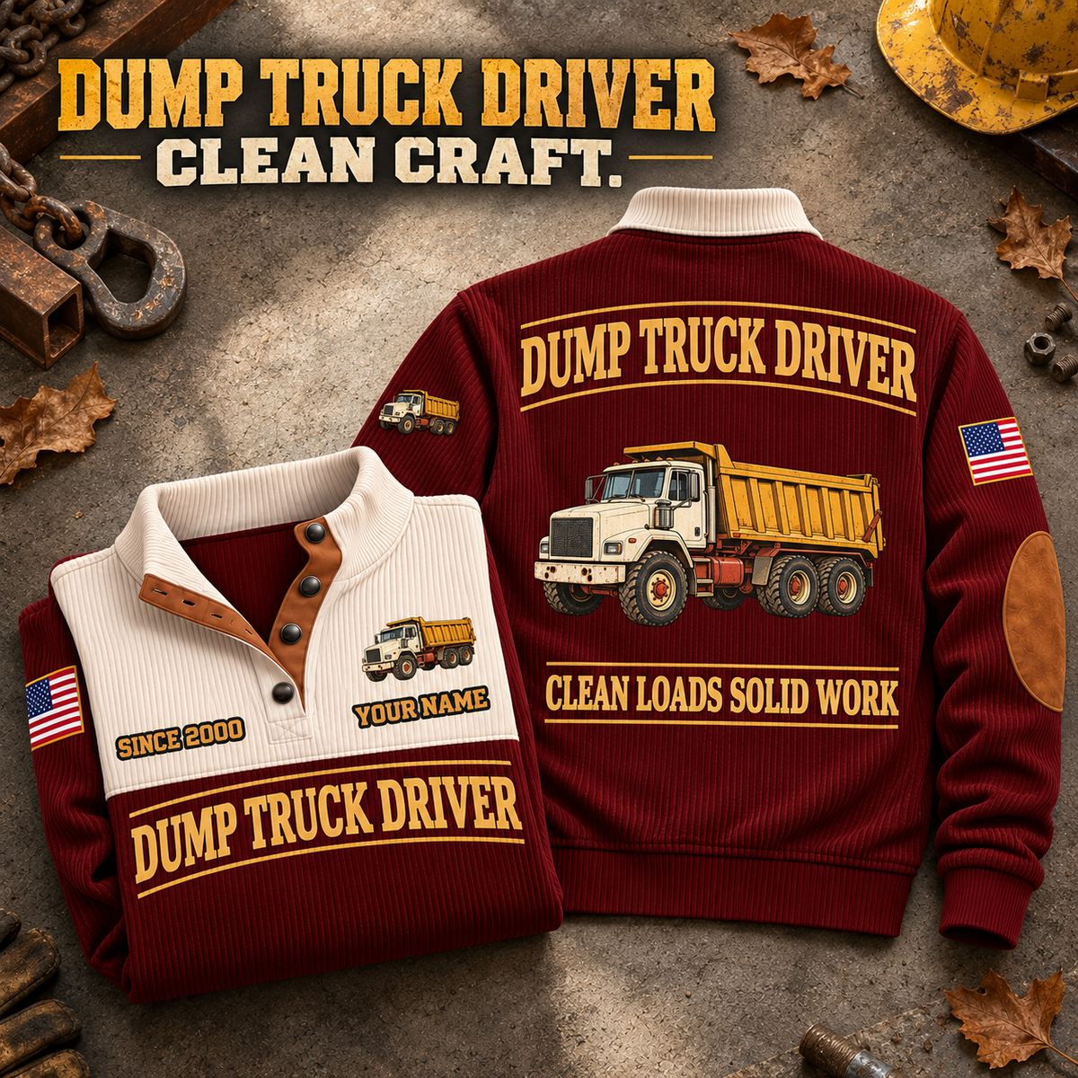 Dump Truck Driver Clean Craft Sports Sweatshirt in Jujube Red, source-faithful garment artwork in a polished stone flatlay back and folded front composition, original sample name and year retained.