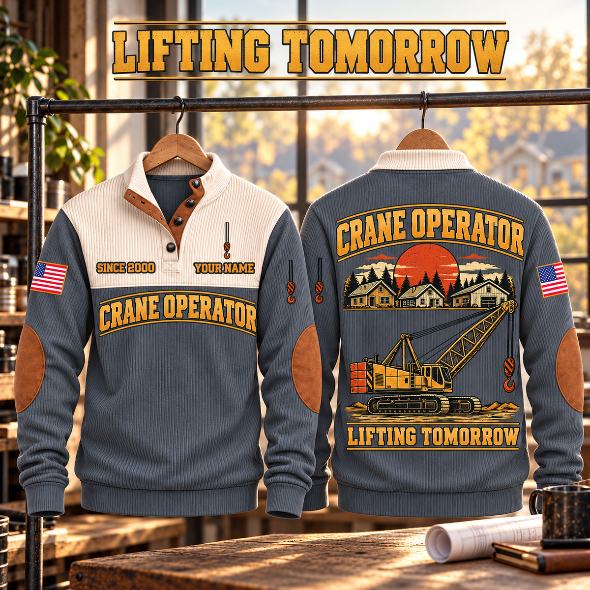 Crane Operator Lifting Tomorrow Sports Sweatshirt in Grey, source-faithful garment artwork in a polished sunlit hanging pair composition, original sample name and year retained.