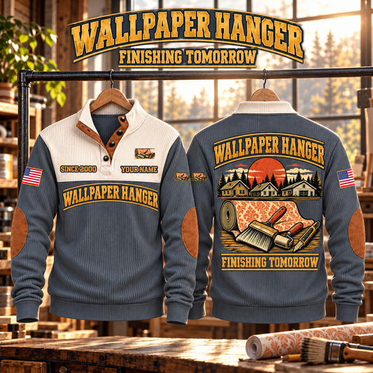 Wallpaper Hanger Finishing Tomorrow Sports Sweatshirt in Grey, source-faithful garment artwork in a polished sunlit hanging pair composition, original sample name and year retained.