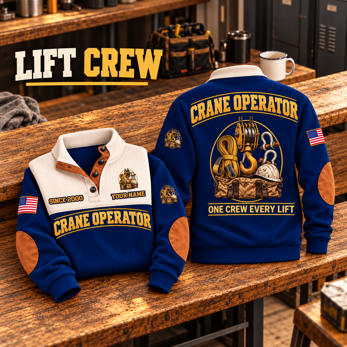 Crane Operator Lift Crew Sports Sweatshirt in Navy, source-faithful garment artwork in a polished workshop bench folded pair composition, original sample name and year retained.