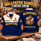 Wallpaper Hanger Finish Crew Sports Sweatshirt in Navy, source-faithful garment artwork in a polished workshop bench folded pair composition, original sample name and year retained.