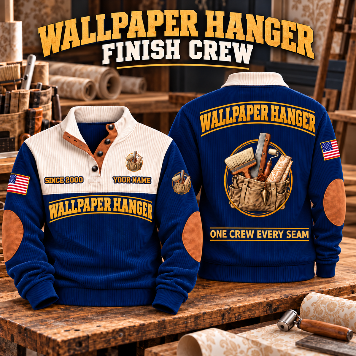 Wallpaper Hanger Finish Crew Sports Sweatshirt in Navy, source-faithful garment artwork in a polished workshop bench folded pair composition, original sample name and year retained.