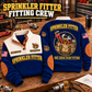 Sprinkler Fitter Fitting Crew Sports Sweatshirt in Navy, source-faithful front and back garment artwork in a polished workshop bench folded pair composition, original sample name and year retained.