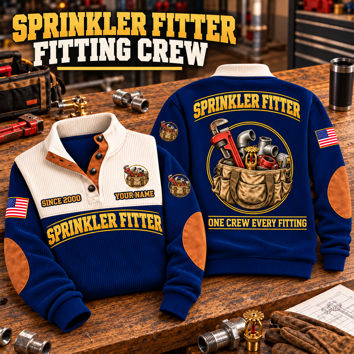 Sprinkler Fitter Fitting Crew Sports Sweatshirt in Navy, source-faithful front and back garment artwork in a polished workshop bench folded pair composition, original sample name and year retained.