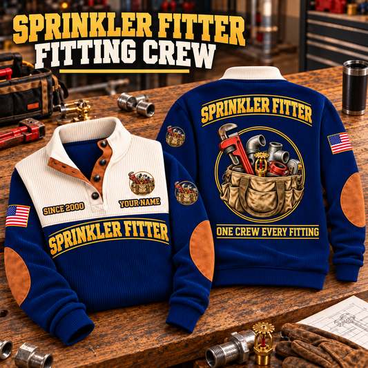 Sprinkler Fitter Fitting Crew Sports Sweatshirt in Navy, source-faithful front and back garment artwork in a polished workshop bench folded pair composition, original sample name and year retained.