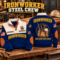 Ironworker Steel Crew Sports Sweatshirt in Navy, source-faithful garment artwork in a polished workshop bench folded pair composition, original sample name and year retained.