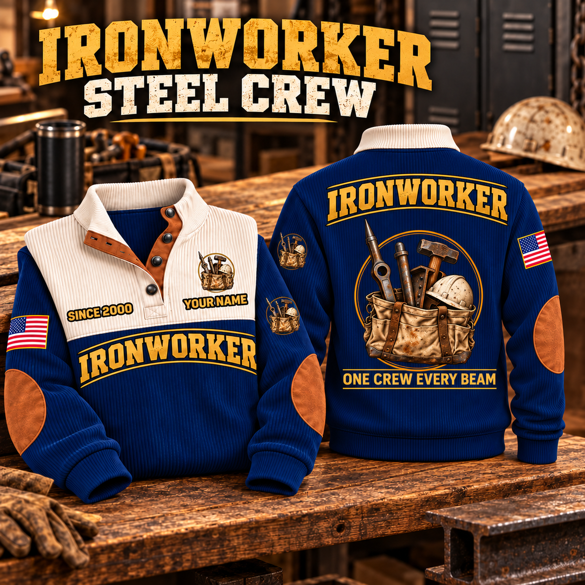 Ironworker Steel Crew Sports Sweatshirt in Navy, source-faithful garment artwork in a polished workshop bench folded pair composition, original sample name and year retained.