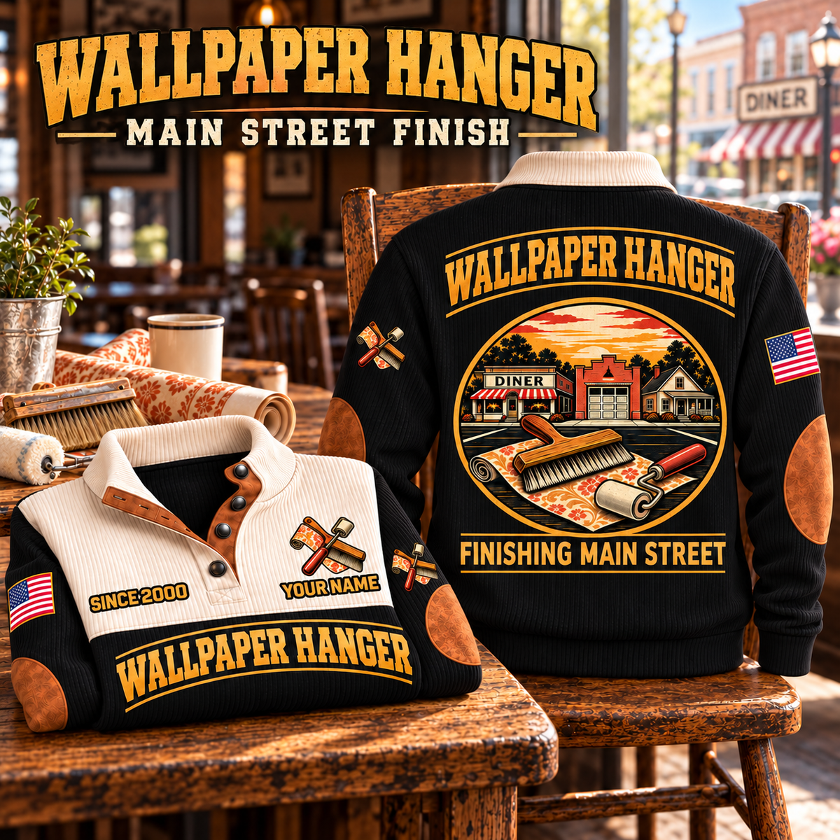 Wallpaper Hanger Main Street Finish Sports Sweatshirt in Black, source-faithful garment artwork in a polished cafe chair back and folded front composition, original sample name and year retained.