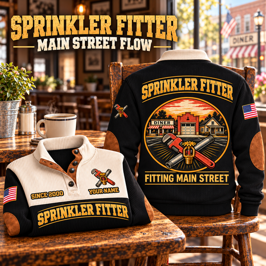 Sprinkler Fitter Main Street Flow Sports Sweatshirt in Black, source-faithful front and back garment artwork in a polished cafe chair back and folded front composition, original sample name and year retained.