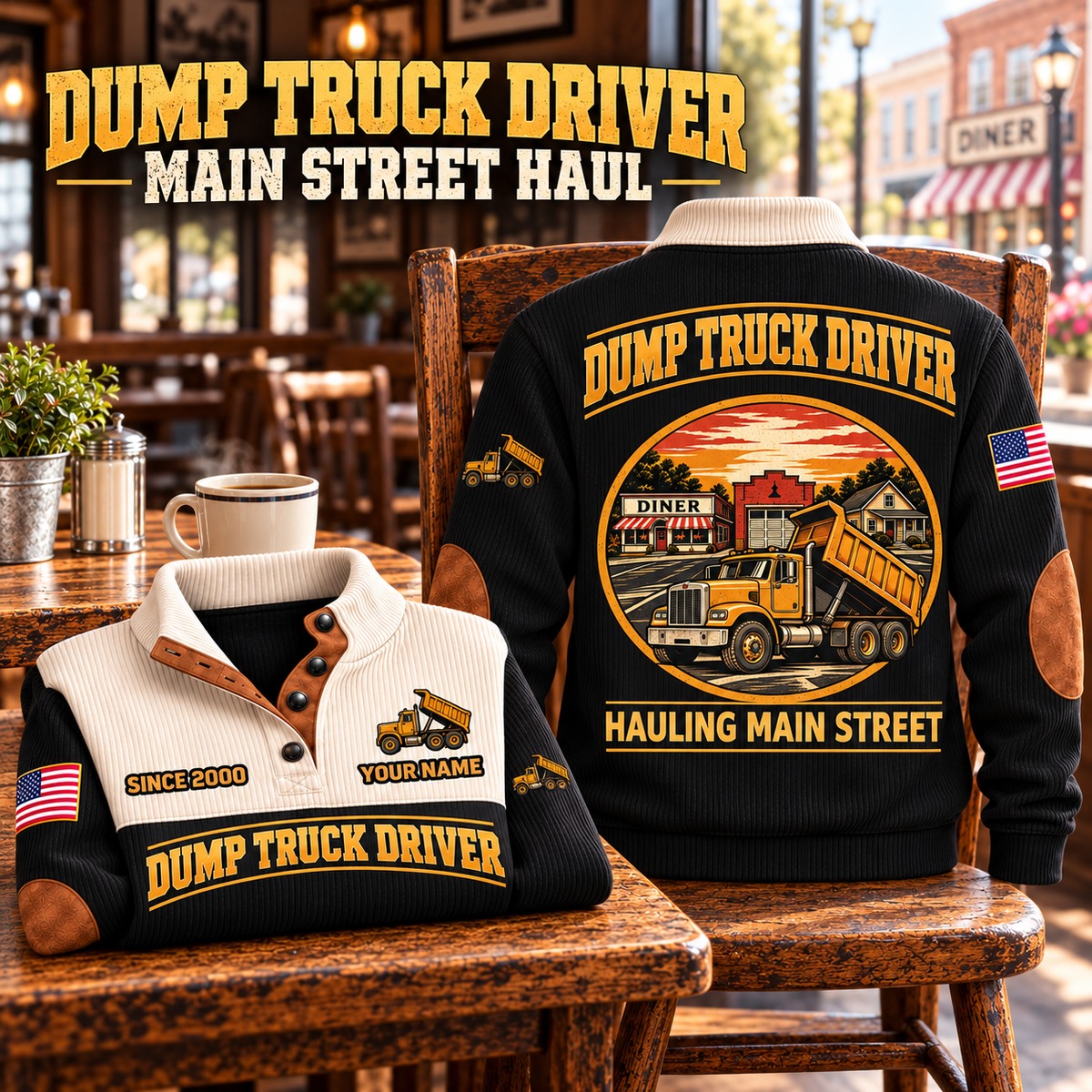 Dump Truck Driver Main Street Haul Sports Sweatshirt in Black, source-faithful garment artwork in a polished cafe chair back and folded front composition, original sample name and year retained.